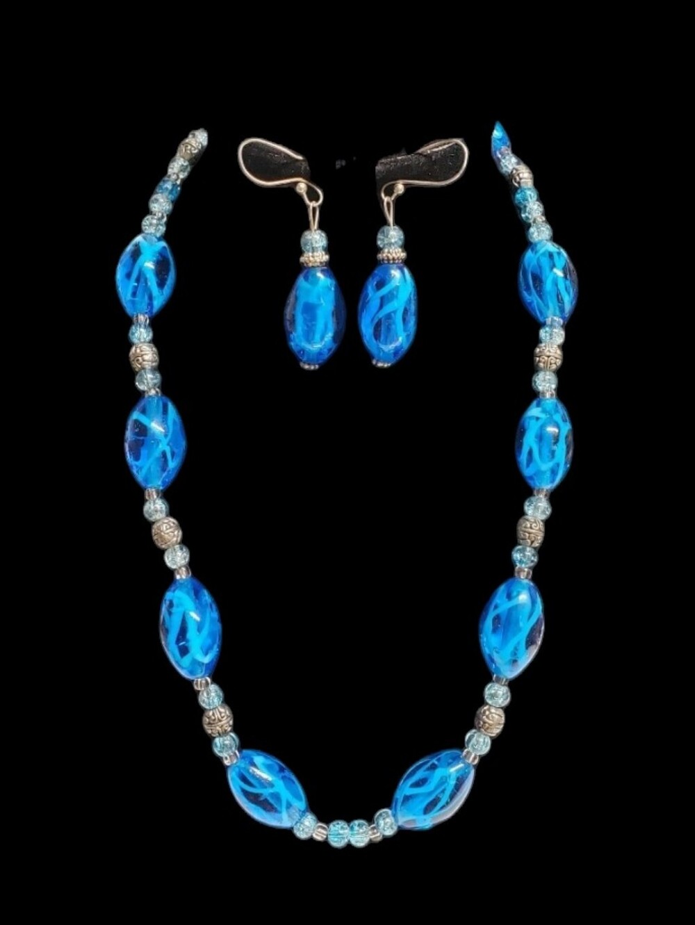 Blue Foiled Glass Beaded Necklace Earrings Set